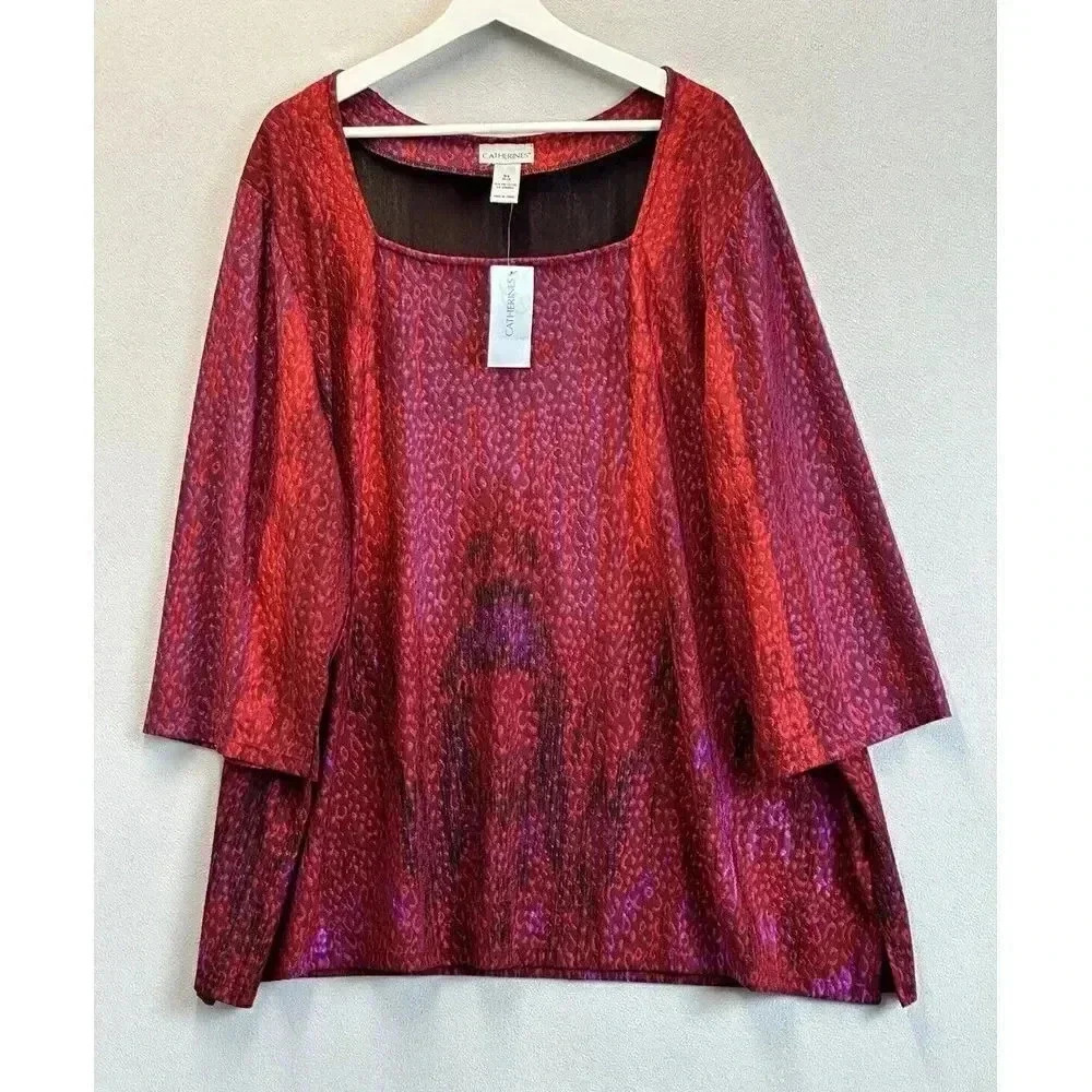 Catherine's Women's Tunic Blouse‎ Stretch Plus Sz 3X Geometric Boho 3/4 Sleeve